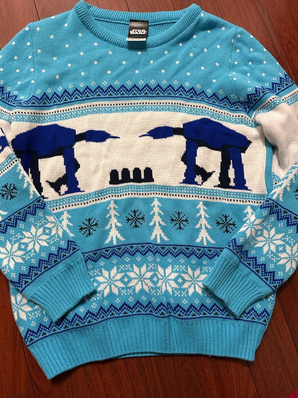Star Wars Men’s Aqua and Navy AT-AT Fair Isle Crewneck Sweater